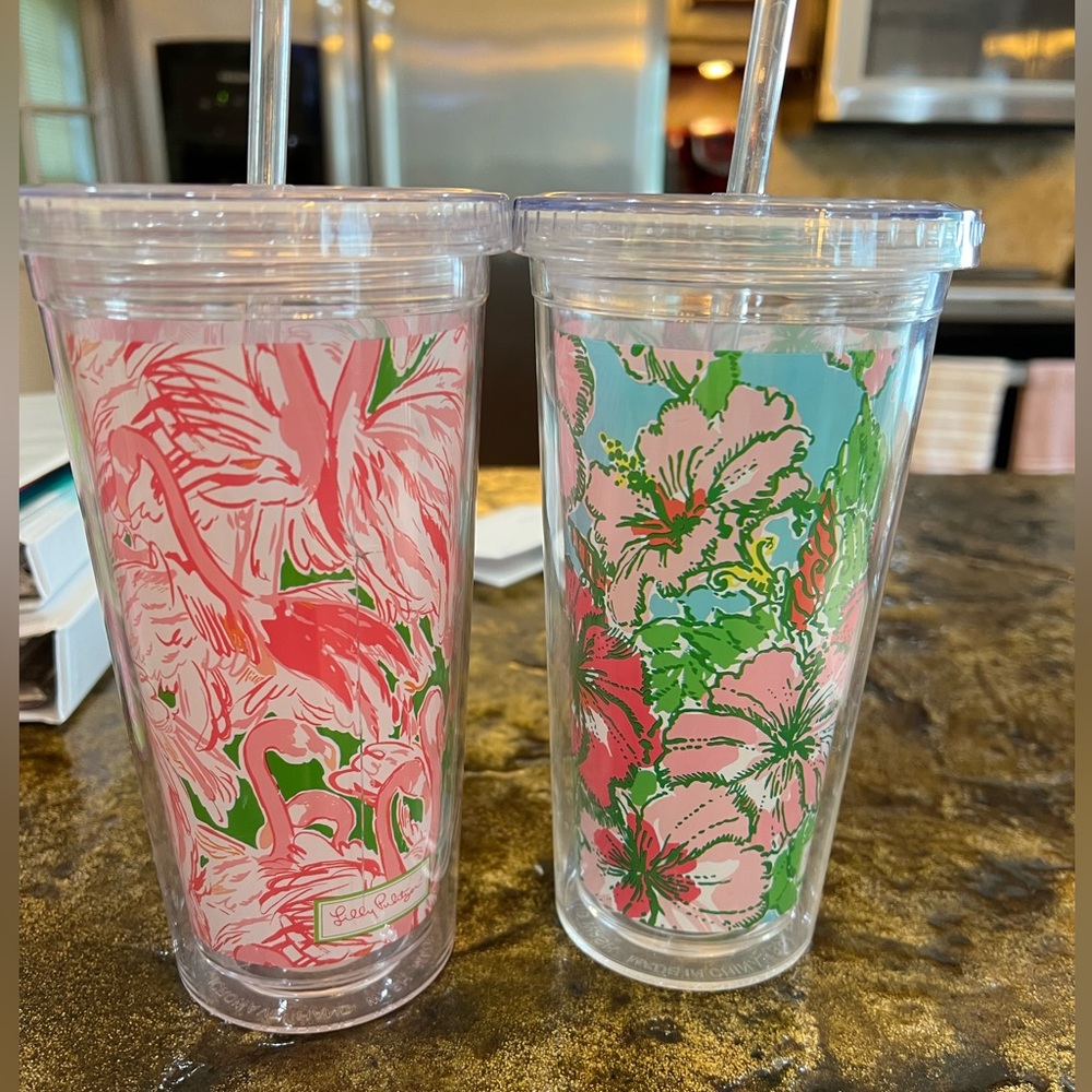 Lilly Pulitzer Flamingo & Big Flirt Tumbler w/Straw Pink Green White To-Go Cup